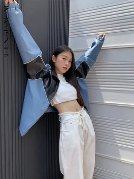 SHENGPALAE coreeană de Moda pentru Femei Geaca de Piele Pu Fermoar Rever Maneca Lunga de Culoare de Contrast Haina Toamna anului 2023 Haine Noi 5R4320