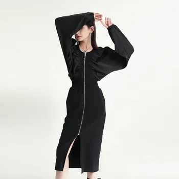 Stil de Designer de mare lux rochie neagră de sex feminin cu fermoar slit peste genunchi fusta lunga, cusaturi stil subțire cu mâneci lungi fusta