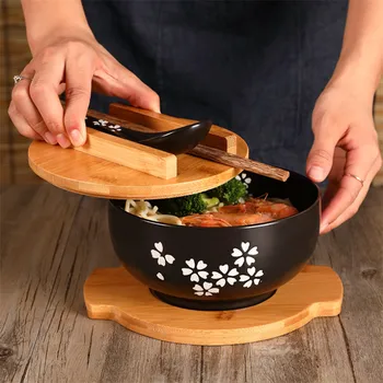 Stil japonez Tăiței de Orez Castron cu Capac Lingură și Bețigașele Bucatarie Tacamuri Ceramice Supa de Salata Castron Container pentru Alimente Cină