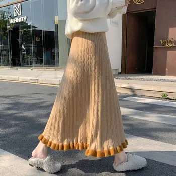 Tricot Lung Midi Fusta Plisata Femei 2023 Noi De Iarna Cald Coreeană De Moda Elegant Talie Mare O Linie Fusta Feminin Fuste Elegante Pentru