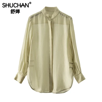 Tricou vrac Femei 2023 Toamna Stil Chinezesc de Mătase Naturală Topuri cu Maneci Lungi GULER MANDARIN Blusas Mujer De Moda