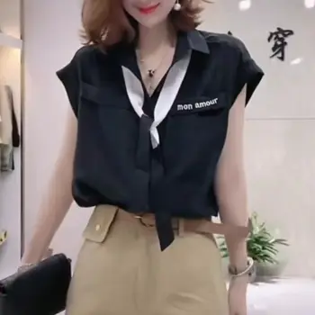 Vara Office Lady Guler de Turn-down Shirt Femei Elegante Cordon Solid Buzunare Elegante Mozaic Liber Bluza Haine de sex Feminin