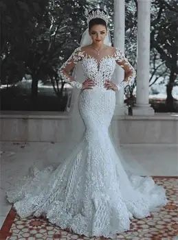 Vestido De Noiva Arabă Rochie De Mireasa Dantela 2024 Mâneci Lungi Pur Scoop Aplicatii De Perle, Paiete Rochii De Mireasa