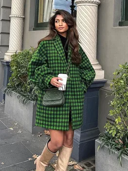 Vintage Maneca Lunga Singur Buton Verde Carouri Palton pentru Femei 2023 Toamna Iarna Moda Vrac Cald Jachete Paltoane Sacouri