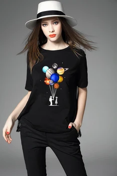 YRYT Bumbac Noua Moda de Top Moda Femei Balon Planeta Moda Model Imprimat Crewneck Maneca Scurta din Bumbac T-shirt