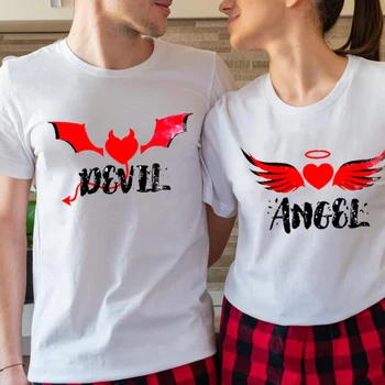 Înger și Demon Print Tee Camasa de Potrivire Cuplu Tricou Bumbac Maneca Scurta Femei Bărbați Tricouri pentru Prieteni Prietene